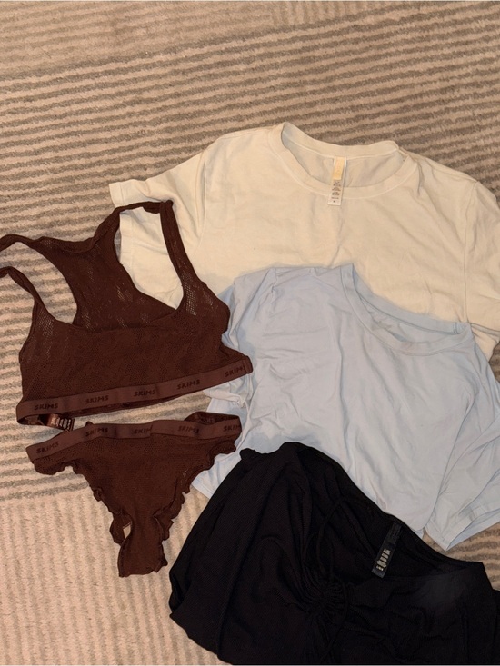 SKIMS Tops - SKIMS Bundle (5 Pieces), Brown Lace Set, Ribbed Flare Pants, & Tees (L/XL)